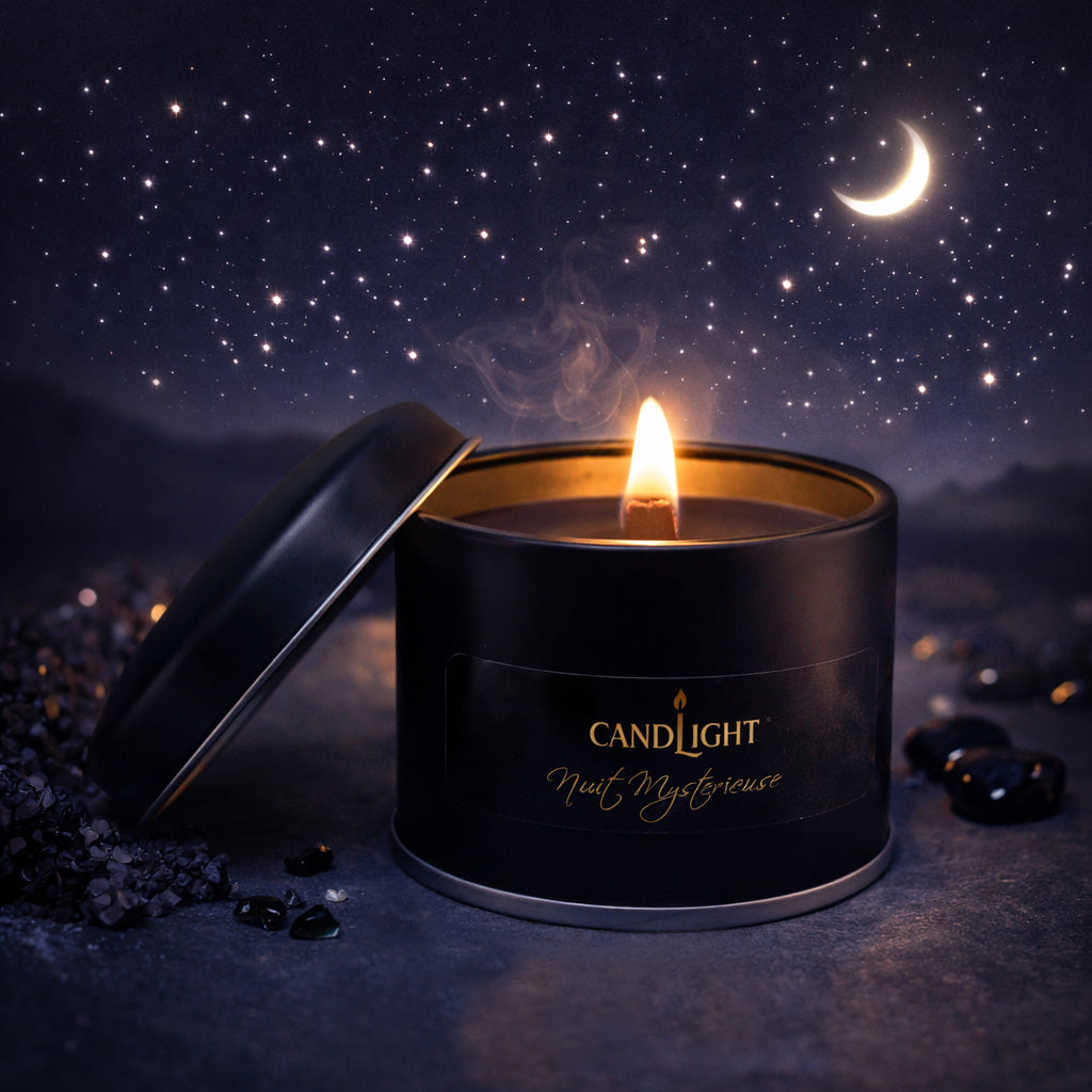 bougie à mèche en bois dans une boite en métal noir, croissant de lune en arrière plan