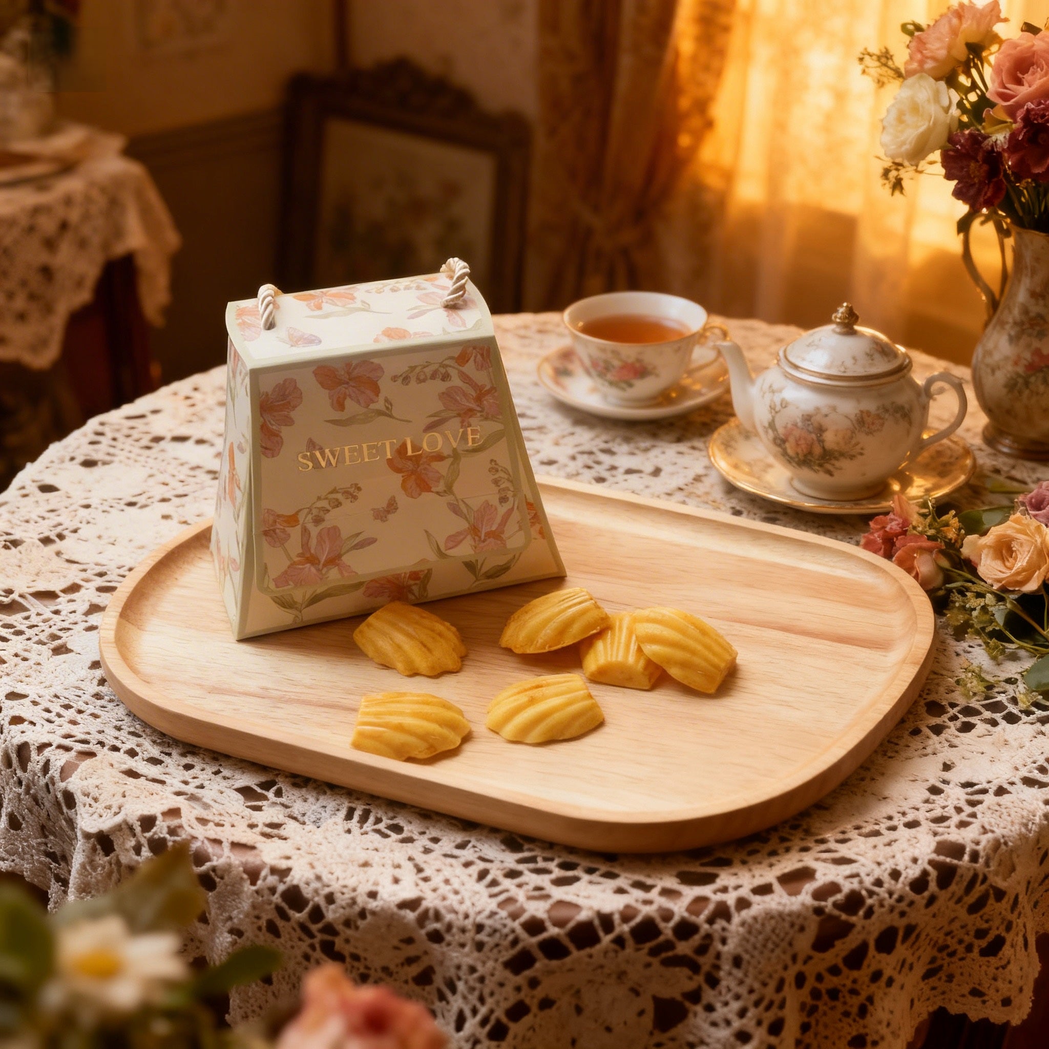 fondant de cire de soja sous forme de madeleines, posées sur un plateau en bois à côté d'une théière.
