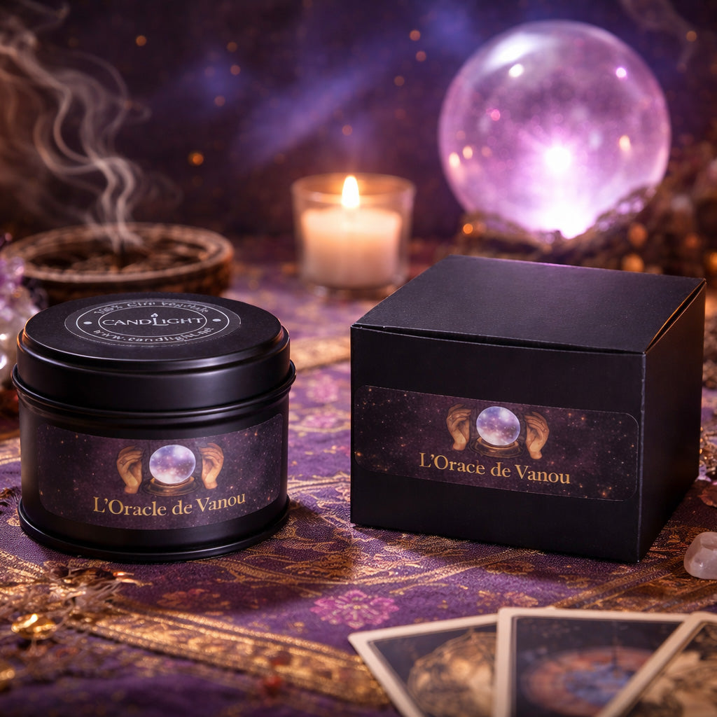 bougie dans une boite en metal noir avec sa boite en carton noir et une boule de cristal en arrière plan